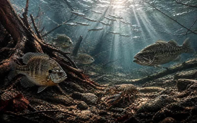 Bass relating to shad, bluegill and crawfish in an underwater feeding area
