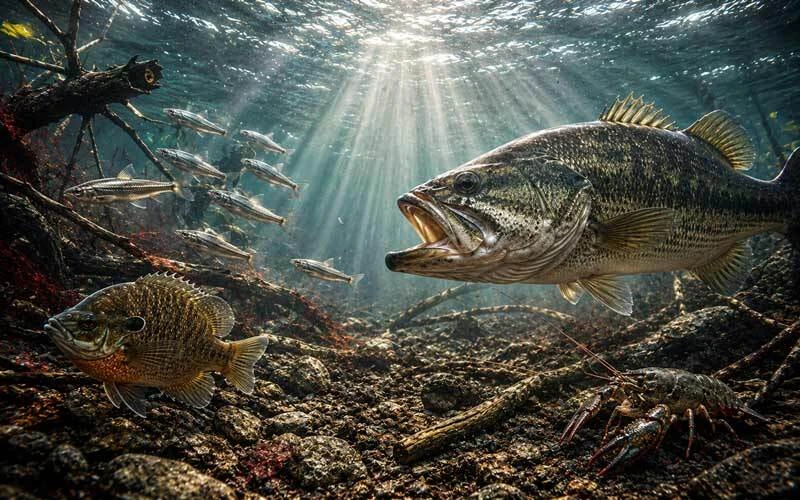 Largemouth bass with shad, bluegill and crawfish forage