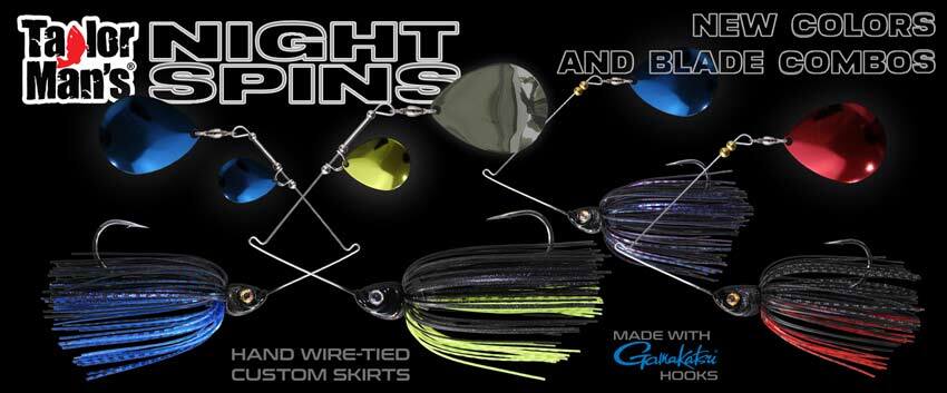 Taylor Man's Night Spins Night Time Spinnerbaits Banner showing features and images of the baits in some of the new colors.