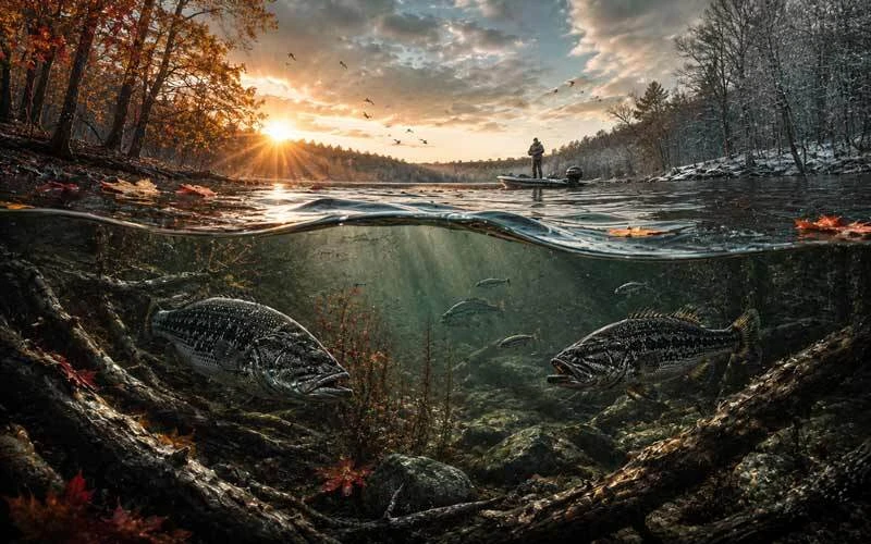 Seasonal bass fishing scene showing changing fall and winter conditions
