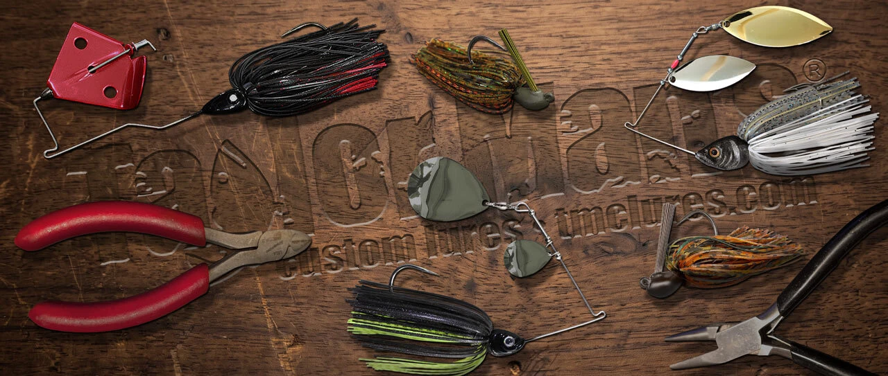Handcrafted Taylor Man's spinnerbaits, jigs and buzzbaits arranged on a wooden workbench