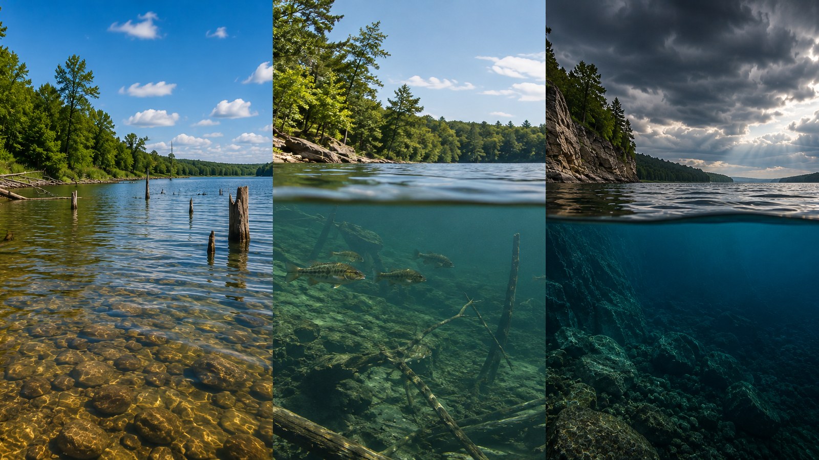 Shallow, mid-depth and deep bass fishing water
