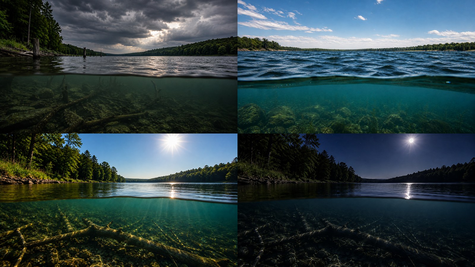 Cloudy, windy, bright calm and night bass fishing conditions