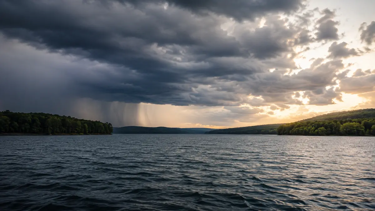 Wind, changing light and an approaching weather front over a bass reservoir