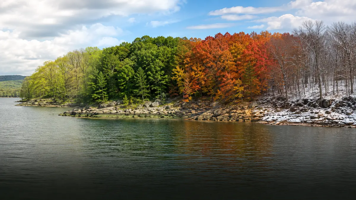 The same bass reservoir shoreline shown through spring, summer, fall and winter