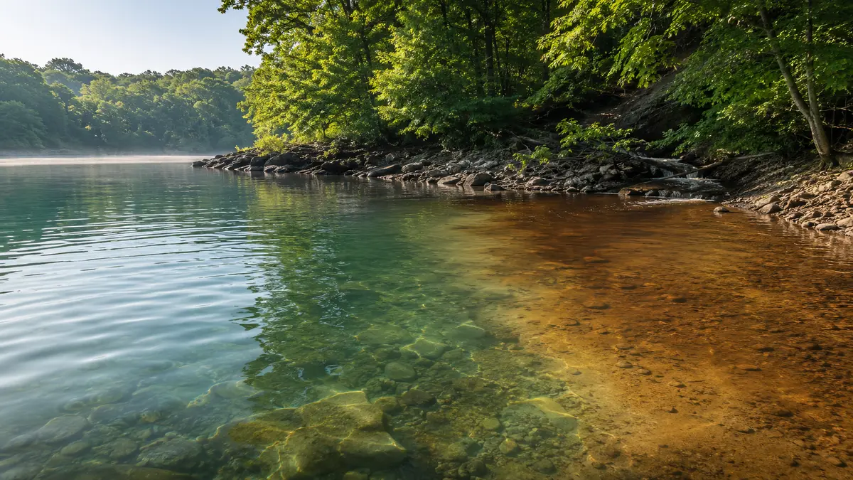 Clear water blending into naturally stained water in a bass reservoir