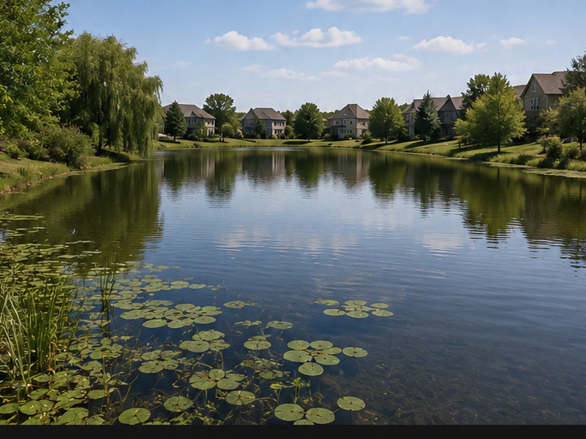 Small bass pond with shoreline vegetation and shallow water cover