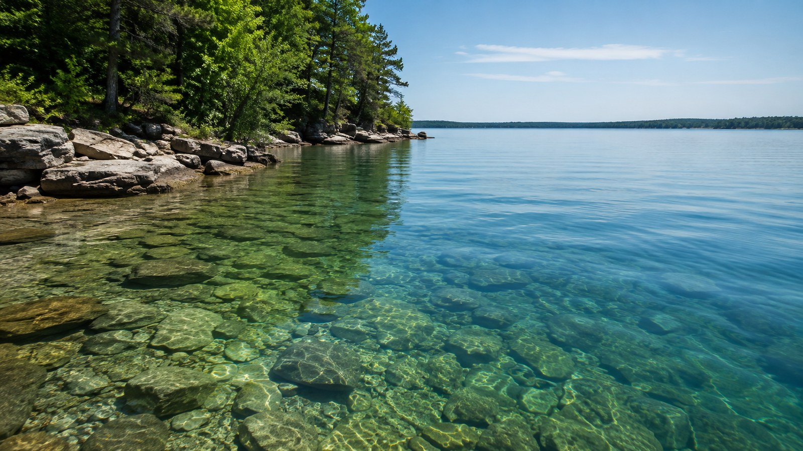 Clear water bass fishing shoreline with high visibility