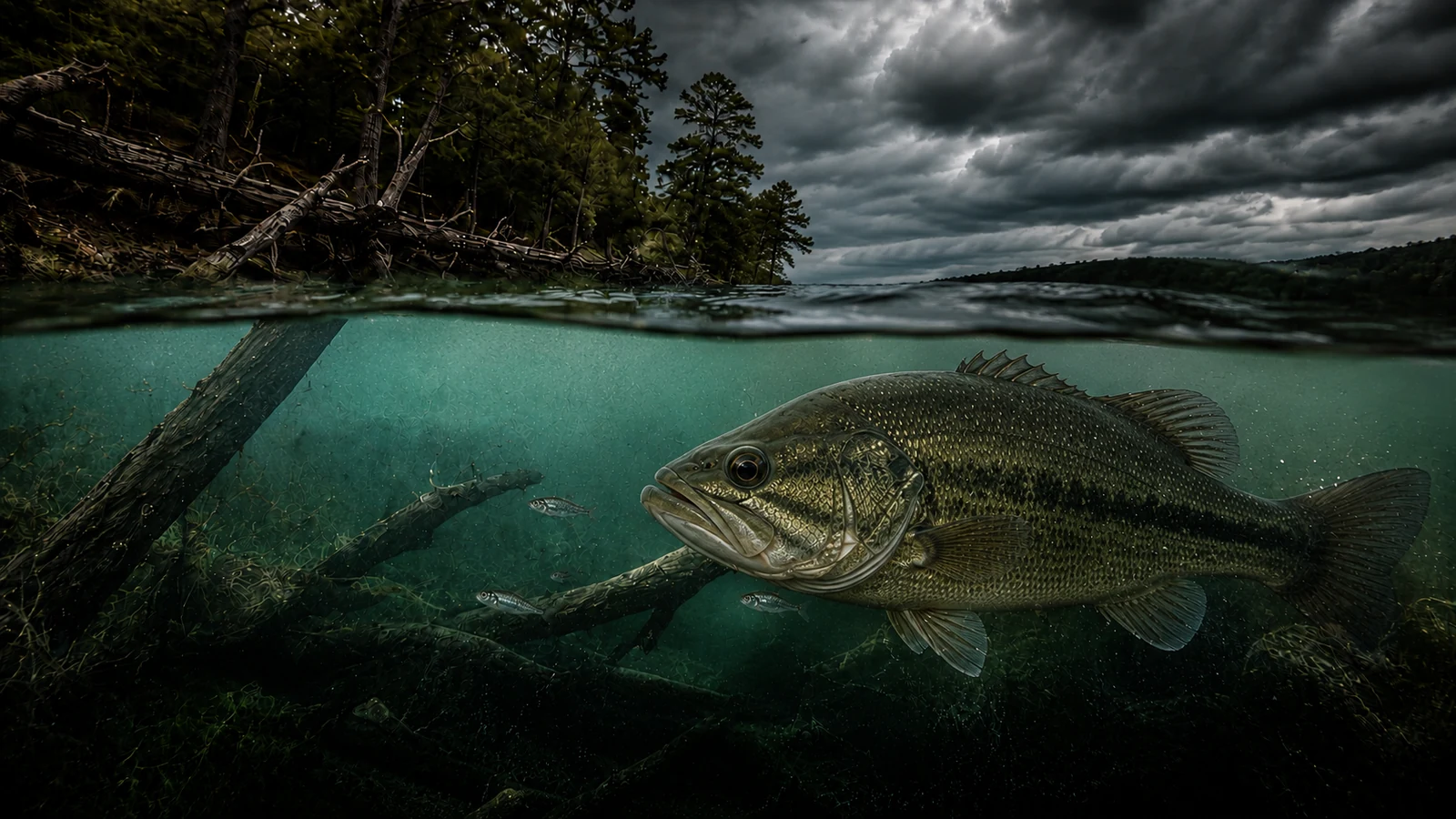 Largemouth bass underwater near cover and baitfish