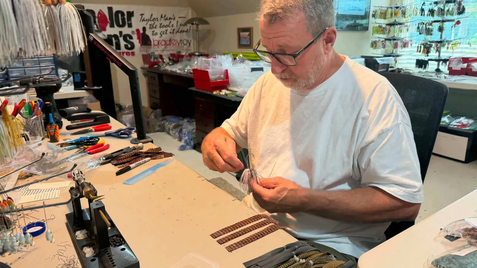A Taylor Man's lure being hand-built to order in the workshop