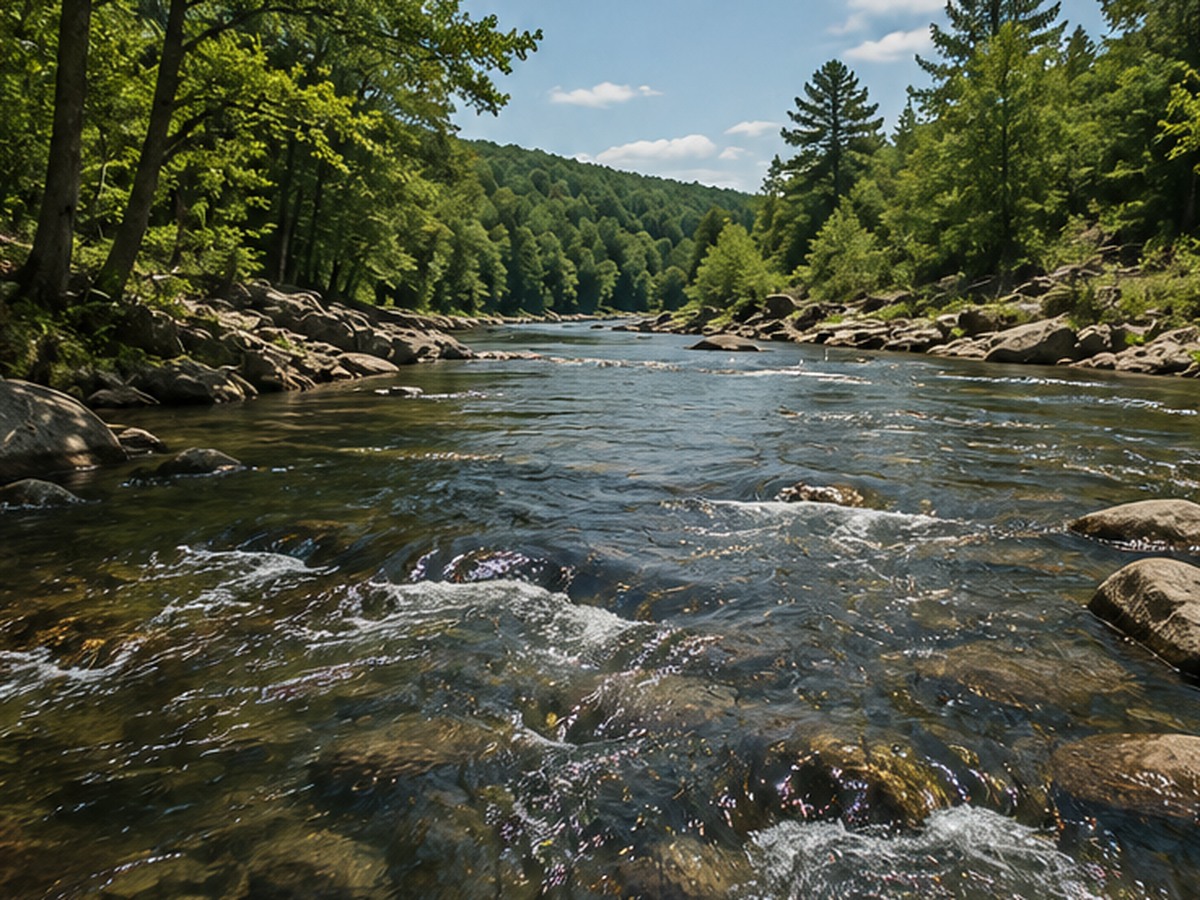 Shallow rocky river and creek with flowing current through wooded banks