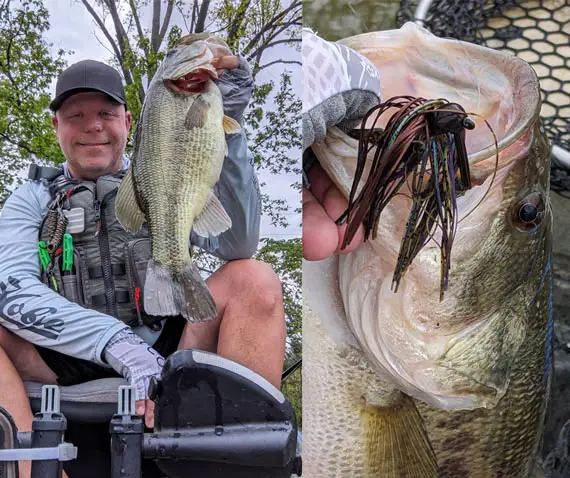 Kayak angler with a largemouth bass and a close view of the Taylor Man's jig it ate