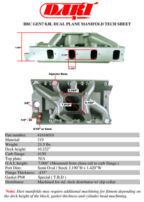 Dart Dual Plane Big Block Chevy 8.1 Liter Intake Manifold