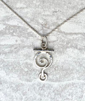 The name says it all...Question Everything or Always Wonder. The Necklace is hand fabricated in Sterling. The question mark is 5/8" wide by 1 1/8" tall. It is suspended from an 18" Sterling chain. 