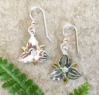 When Roethke wrote, "Deep in their root, all flowers keep the light", he could have been referring to the winsome trillium. These earrings are in honor of the flower and the light that it brings to the forest floor. They are handcrafted out of Sterling silver and jeweler's brass, and have a protective finish applied to prevent tarnish. They measure
3/4" x 3/4" not counting the length of the Sterling earring wires. They are light and comfortable to wear, and would be the perfect gift for yourself or a friend. 
