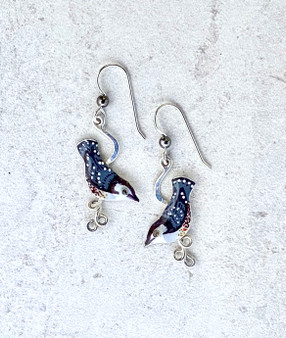 These Nuthatch Earrings are perched just the way that the real ones are....head down. They are handcrafted from Sterling silver and jeweler's brass, and meticulously handpainted. They measure 5/8" x 1 1/4".