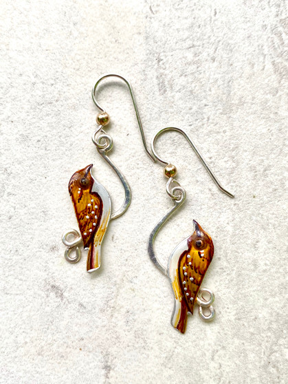 Brown Creepers are a sweet songbird and the only member of the treecreeper family in North America. They can be seen spiraling upwards on tree trunks in search of insects. These earrings are a tribute to this very special bird. They are hand crafted out of jeweler's brass and Sterling and carefully hand painted. They measure 1/2" wide by 1 1/4" long, not counting their Sterling earring wires. They are light and comfortable to wear, and are the perfect gift for you or a friend. 