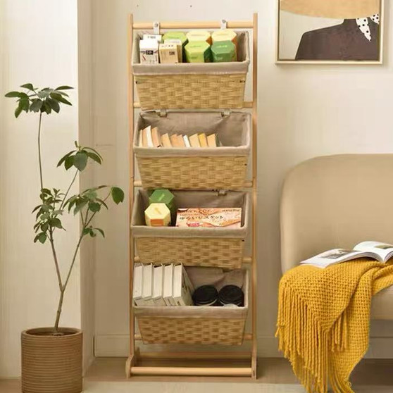 4-Tier Bamboo Wood Organizer with Woven Baskets