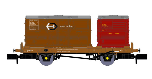 Rapido N Gauge BR ‘Conflat P’   No. B933343 (with crimson & bauxite containers) 921009