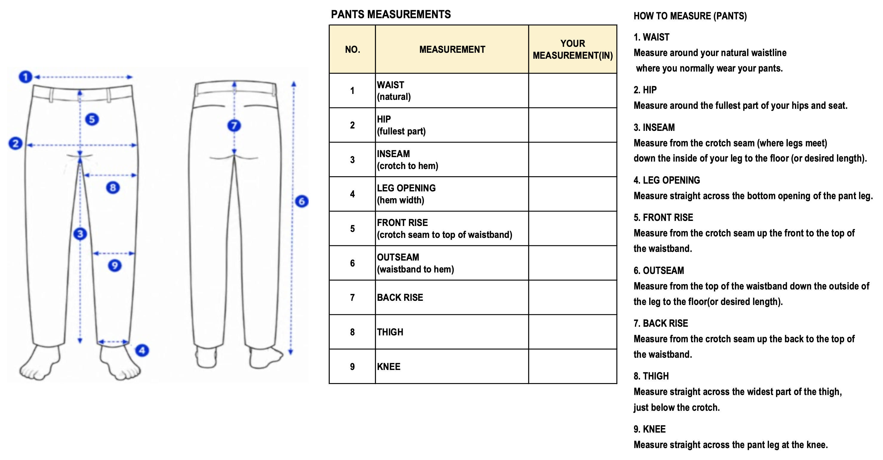 TAILORED COMBAT PANTS size guide