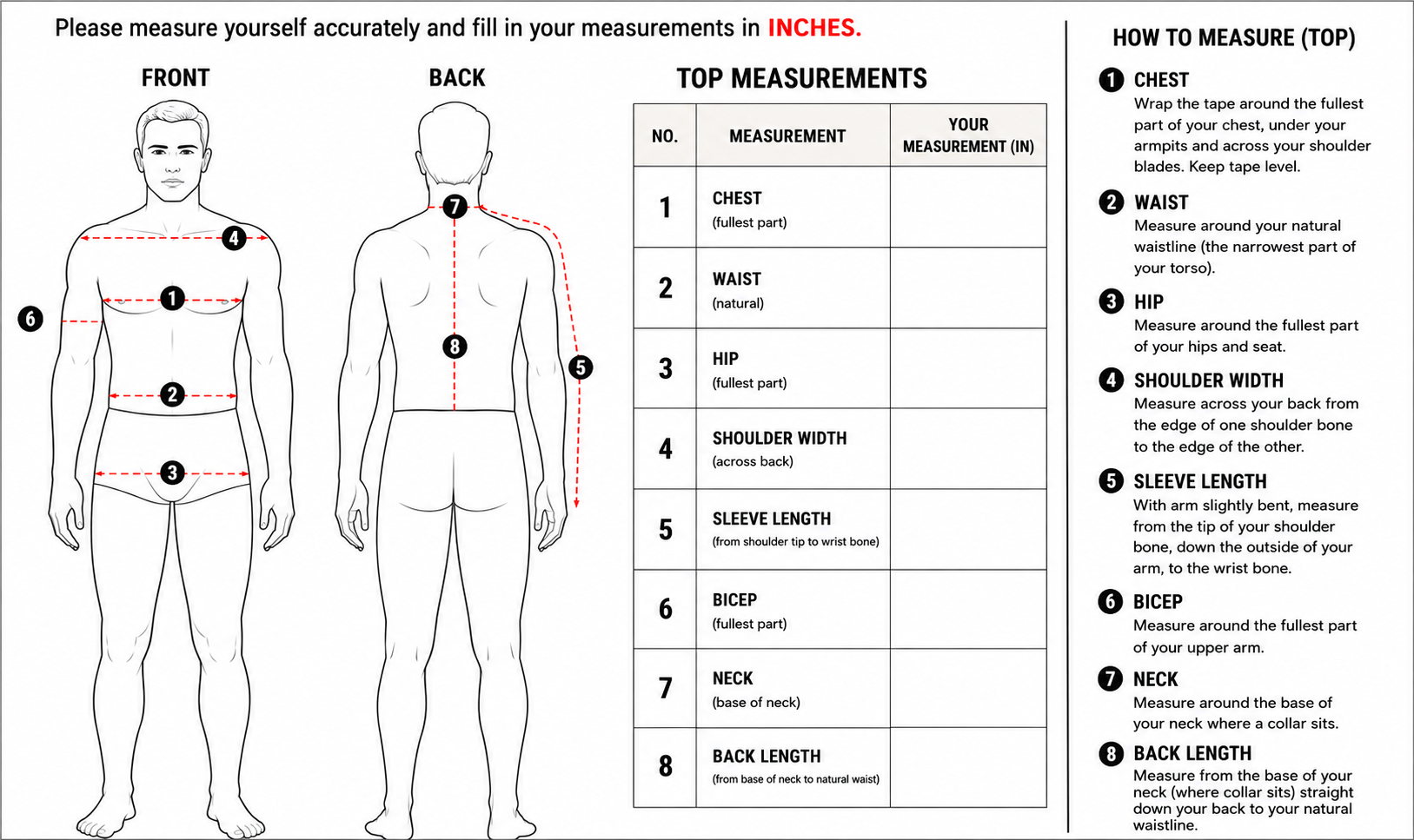 TAILORED COMBAT TOP size guide