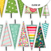 Bring playful holiday charm to your projects with these festive Christmas tree punch-outs, featuring a simple triangle tree shape with a stem trunk and stitched detail. Designed in a bright, rainbow-inspired palette—including red, hot pink, pink, yellow, green, teal, and mint—these trees are perfect for scrapbooking, card making, junk journaling, gift tags, and more.
