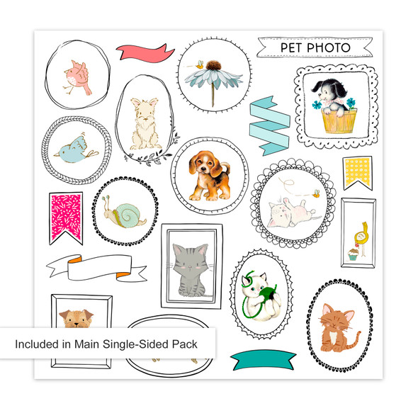 Hand-drawn frames featuring kittens, puppies, bird, snail & bee graphics. Pet Photo Frames 12x12 Pattern Paper.