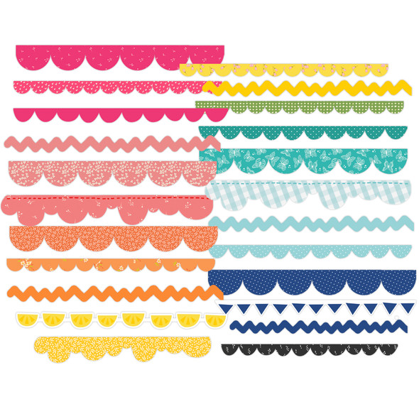 Rainbow colored scallops, ric rac die-cut paper borders for scrapbooking, card making, & paper crafts.