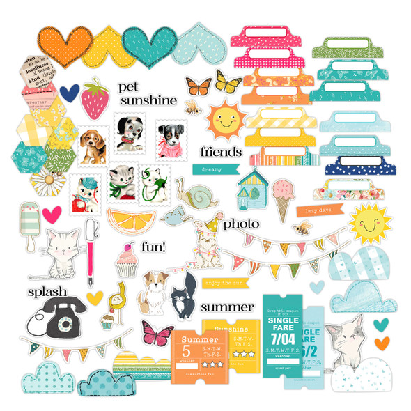 Such a fun assortment of ephemera: tabs, banners, clouds, stamps, hearts, hexagon, tickets, butterflies and more.  Great for paper crafts, scrapbooking, junk journals, planners and more.