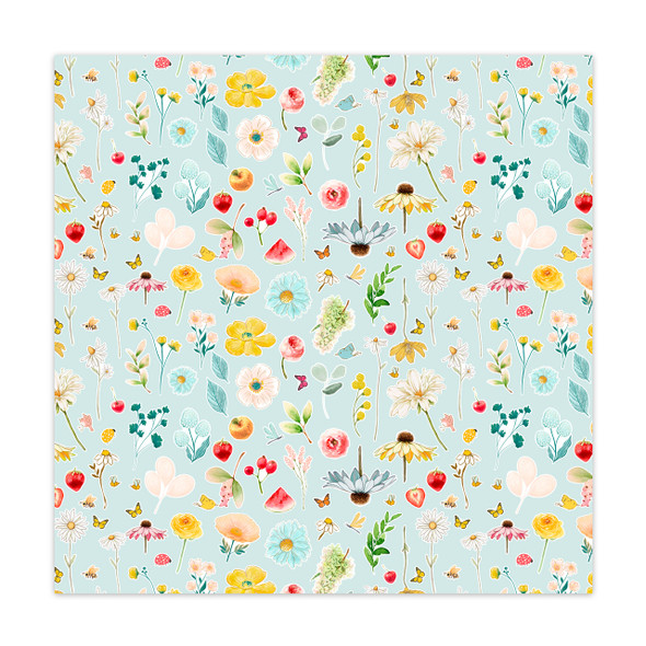 Summer Flower Stems on a blue background 12x12 patterned paper