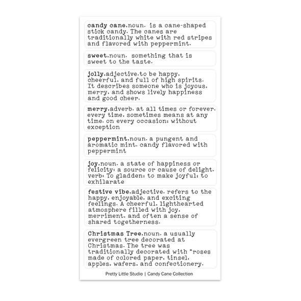 Add a touch of vintage charm to your holiday projects with these dictionary-inspired clear word stickers! Featuring festive words like "merry," "festive," and "candy cane" in a classic typewriter-style font, these stickers are perfect for titles, journaling accents, or layering on cards and scrapbook layouts.