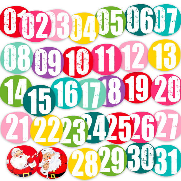 Bring a bold pop of color and retro charm to your holiday crafts with these 2-inch funky circle numbers! Perfect for December Daily albums, advent calendars, gift tags, and scrapbook layouts, this vibrant set includes numbers 1 through 31 plus two vintage Santa Claus extras. Each number is printed on sturdy 80 lb cardstock and features a playful mix of colors like hot pink, lime green, teal, and purple, all designed to stand out with a fun, funky twist. These acid-free embellishments are made in the USA and come neatly packaged for easy storage or gifting.