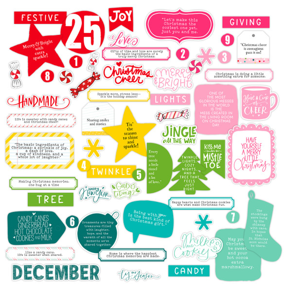 Add a playful and festive touch to your holiday projects with this charming set of Christmas Word Shapes. Each piece is uniquely cut into fun holiday-inspired shapes—like circles, ornaments, stockings, frames, stars, and labels—filled with seasonal words and phrases that capture the magic of the season. Designed in a bright, merry palette of red, pink, yellow, lime, and teal, these die cuts are perfect for layering, journaling, scrapbooking, or gift wrapping. With a variety of shapes and sizes, they offer endless creative possibilities for your holiday crafts. Printed on sturdy cardstock and packaged with care, they’re as practical as they are pretty.