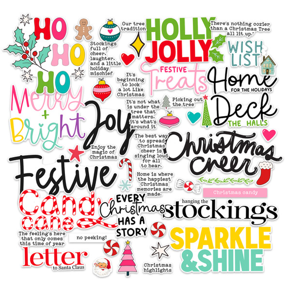Bring extra cheer to your holiday crafting with this colorful set of Christmas Word and Icon Die Cuts. Featuring 32 festive words and phrases like Merry & Bright, Joy, and Sparkle & Shine, along with 18 playful filler shapes including ornaments, candy canes, hearts, stars, trees, and peppermints, this set adds the perfect pop of personality to your seasonal projects. Designed in a lively mix of black, red, pink, yellow, lime, teal, and purple, these die cuts are printed on durable cardstock for lasting quality. Perfect for scrapbooking, card making, or festive decor, each piece is made with care in the USA.

Details:

Includes: 50 pieces total (32 words + 18 filler shapes)

Words/Phrases: Christmas-themed (e.g., Merry & Bright, Joy, Sparkle & Shine)

Filler Shapes: Ornament, candy cane, heart, star, tree, peppermint

Colors: Black, red, pink, yellow, lime, teal, purple

Material: 80 lb cardstock

Acid & Lignin Free: Ideal for archival quality

Packaging: Cello bag with cardstock label – 4 1/2" x 7"

Made in the USA: Designed and printed in South Carolina