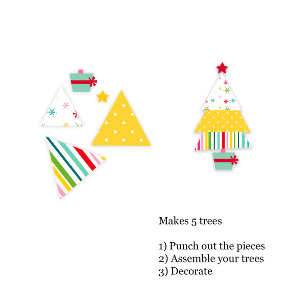 Create charming miniature trees with this paper pieced tree kit, perfect for seasonal crafting, card making, or scrapbooking. Each kit includes all the die-cut pieces you need to assemble five adorable trees, each with its own triangle layers, base, star, and a decorative garland.