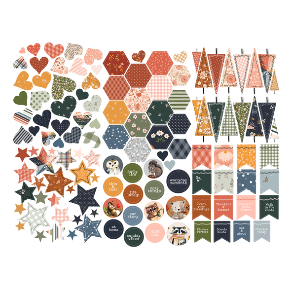 Autumn-themed scrapbook die-cut popouts featuring hearts, stars, trees, circles, hexagons and flags. 124 pieces in a variety of sizes, with clean-punch sheets and no tabs.