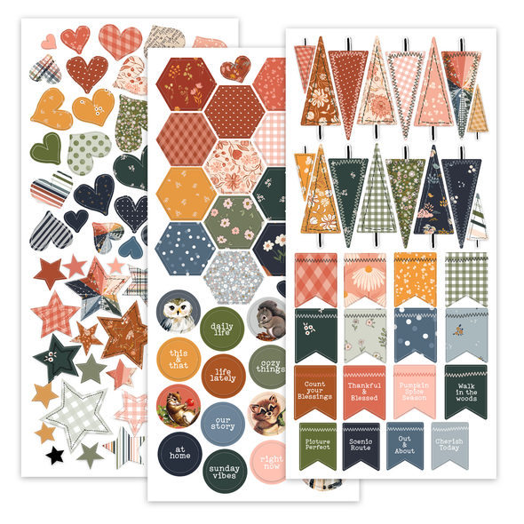 Autumn-themed scrapbook die-cut popouts featuring hearts, stars, trees, circles, hexagons and flags. 124 pieces in a variety of sizes, with clean-punch sheets and no tabs.