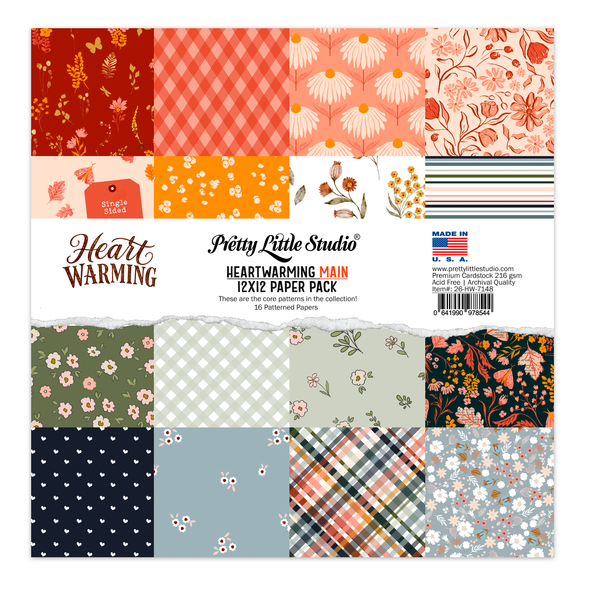 Shop the Heartwarming Collection 12x12 Main Paper Pack from Pretty Little Studio, featuring beautiful autumn-inspired designs perfect for scrapbooking, journaling, card making, crafts, and memory keeping.