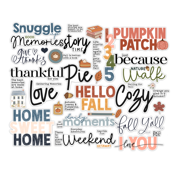 Fall scrapbooking word titles, tiny quotes & icons featuring Hello Fall, Pumpkin Patch, Thankful for You and more. 48 pieces on pop-out, acid-free cardstock.