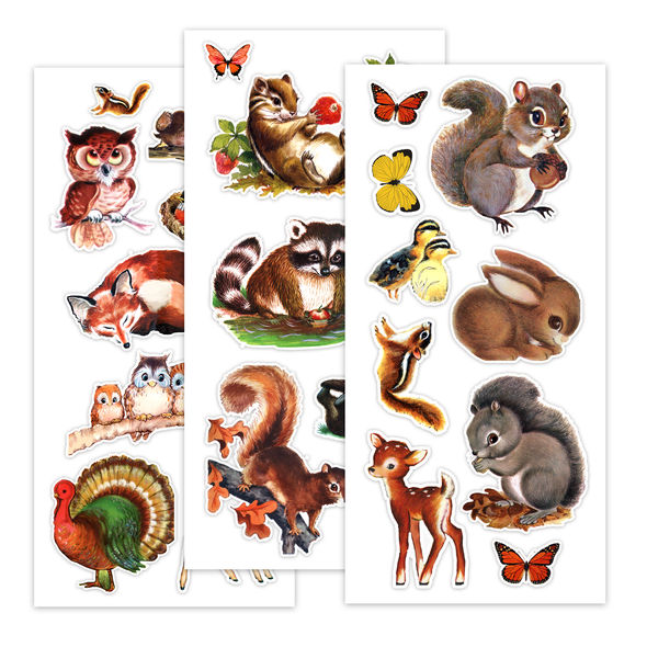 Vintage woodland animal ephemera featuring squirrels, bears, deer, owls, rabbits, birds, butterflies & more, sourced from 1950s–60s books and cards. Made in USA