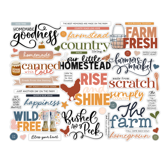 Farm Words 6x12 pop-out die-cuts featuring farm, homestead, and country-themed titles and phrases. Made in the USA on acid-free 80 lb cardstock.