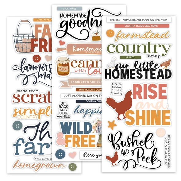 Farm Words 6x12 pop-out die-cuts featuring farm, homestead, and country-themed titles and phrases. Made in the USA on acid-free 80 lb cardstock.