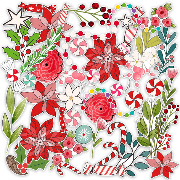 Bring a touch of holiday charm to your paper crafts with this vibrant set of 46 floral paper die-cuts! Featuring a beautiful mix of greenery, poinsettias, holly leaves, candy canes, and stars, these die-cuts are perfect for adding seasonal flair to your scrapbooks, junk journals, planners, greeting cards, and more. Whether you're decorating a holiday journal, designing a handmade card, or adding floral flair to your December Daily, these festive die-cuts are a must-have for your seasonal craft stash!