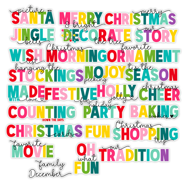 What a delightful combination of Christmas-themed word titles—full of festive cheer and seasonal spirit! This set includes 28 die-cuts, each featuring joyful holiday phrases in playful fonts and a charming mix of red, green, pink, teal, and yellow. The colorful palette adds a whimsical, modern twist to traditional Christmas crafting, making these perfect for scrapbook pages, handmade cards, holiday journals, gift tags, or December Daily albums.