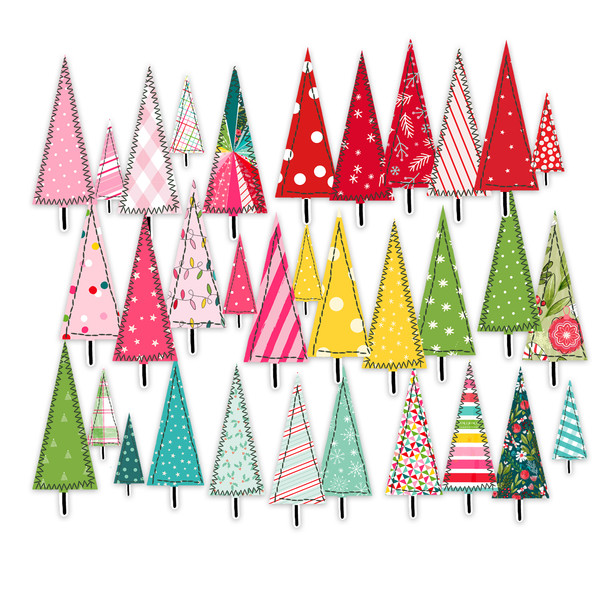 Bring playful holiday charm to your projects with these festive Christmas tree punch-outs, featuring a simple triangle tree shape with a stem trunk and stitched detail. Designed in a bright, rainbow-inspired palette—including red, hot pink, pink, yellow, green, teal, and mint—these trees are perfect for scrapbooking, card making, junk journaling, gift tags, and more.