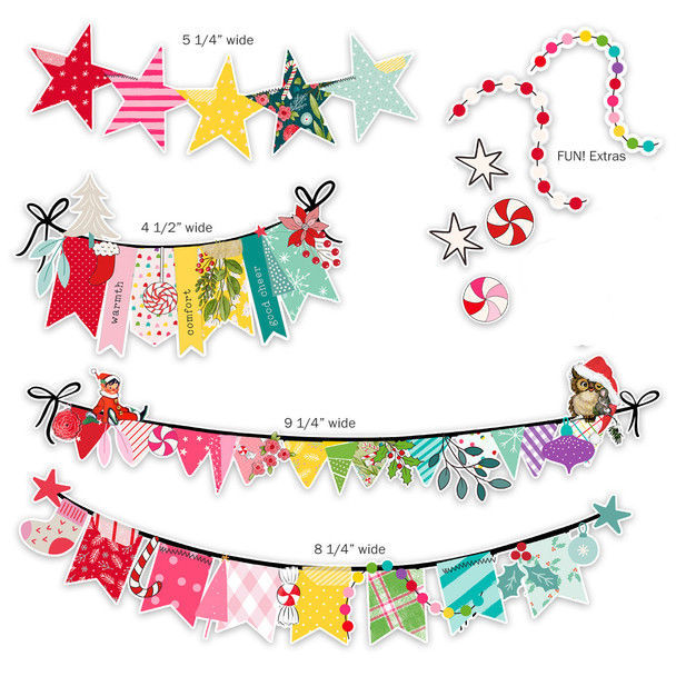 Add festive charm and dimension to your holiday scrapbook pages with these beautifully designed Christmas banners. Crafted from sturdy 80 lb cardstock, each banner features rich seasonal colors and playful designs perfect for enhancing layouts, gift wrapping, journaling, and more. With a mix of long and short banners plus six coordinating extras, this set is ready to bring your Christmas creativity to life. Acid-free and made in the USA, these high-quality embellishments are both vibrant and archival-safe.