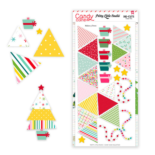 Create charming miniature trees with this paper pieced tree kit, perfect for seasonal crafting, card making, or scrapbooking. Each kit includes all the die-cut pieces you need to assemble five adorable trees, each with its own triangle layers, base, star, and a decorative garland.