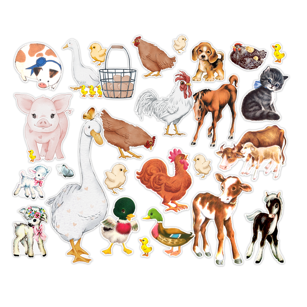 Farm animal die-cut pop-out sheet featuring pigs, cows, horses, chickens, roosters, dogs, cats, and rabbits. Perfect for scrapbooking and junk journals. Made in USA