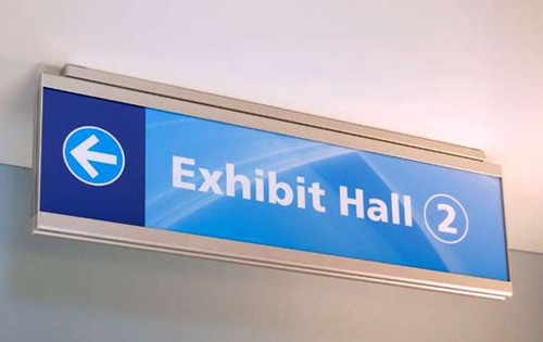 Overhead Ceiling Signs, commercial 2-sided hallway and ceiling signs with removable and replaceable inserts.