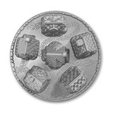 View from above of the Cozy Village Pan. Inside of pan is silver in color and shows six small houses with roof shingles, chimneys, doors details